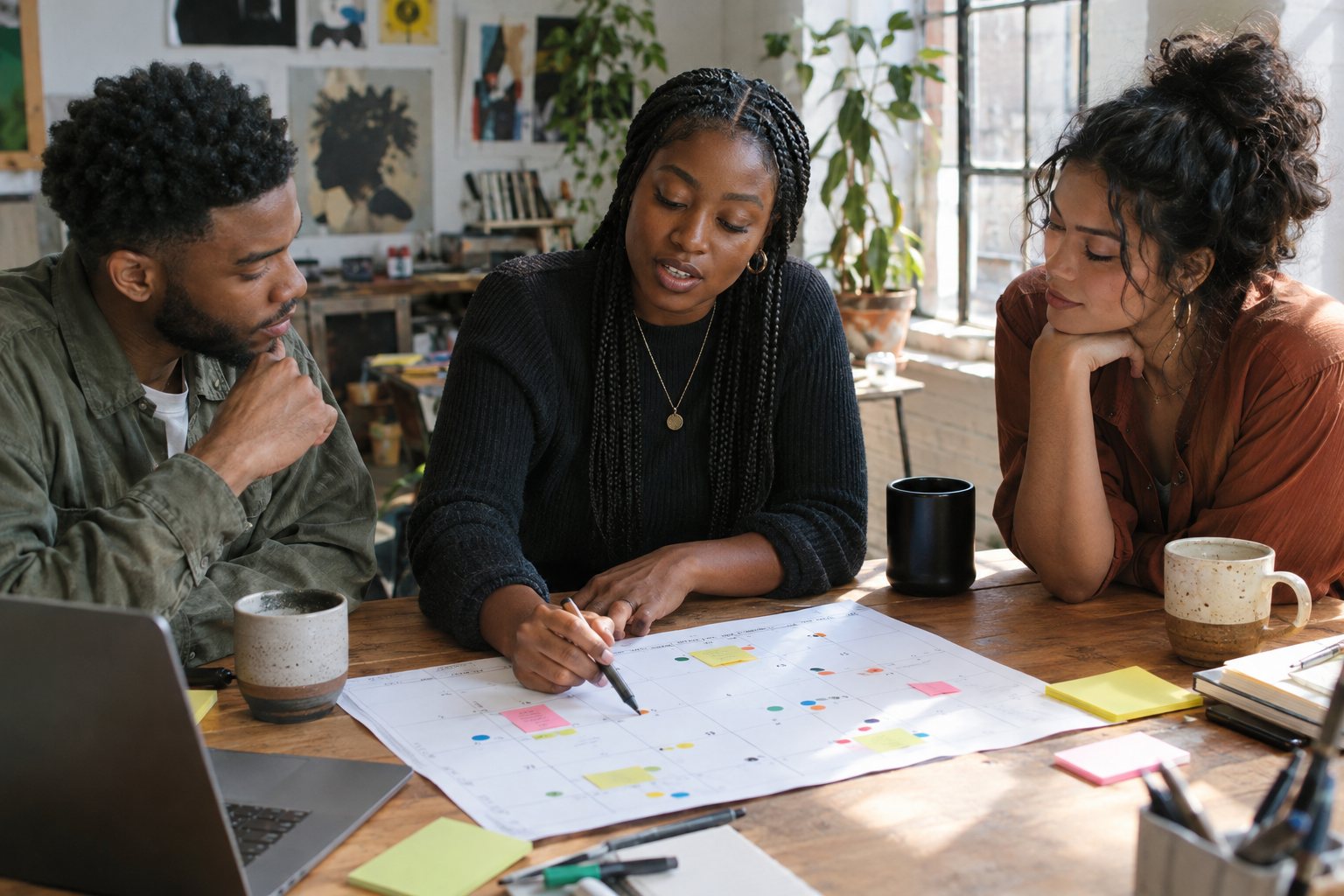 A small brand team planning a weekly community ritual on a printed calendar