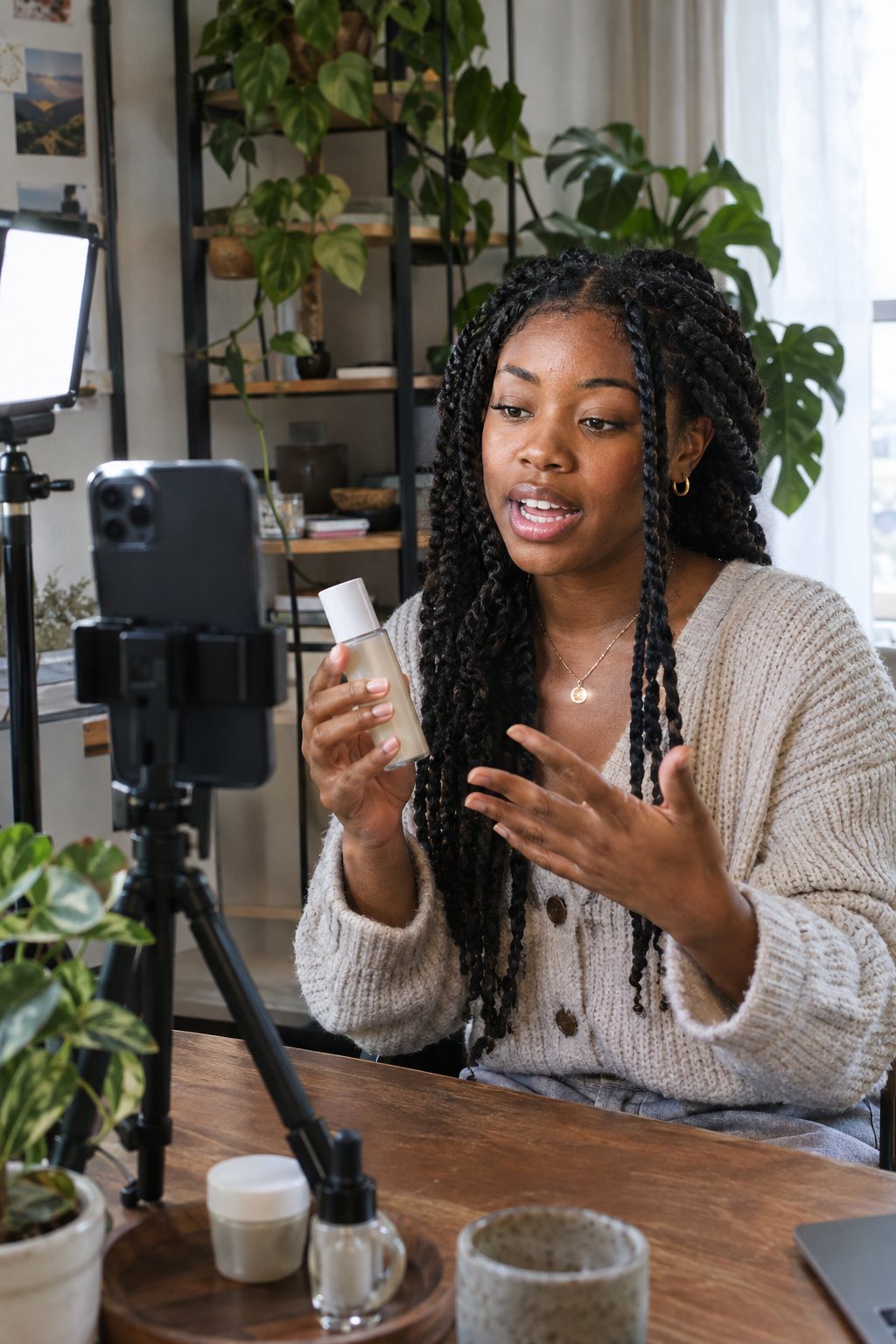 A creator filming a short vertical product video in a home studio