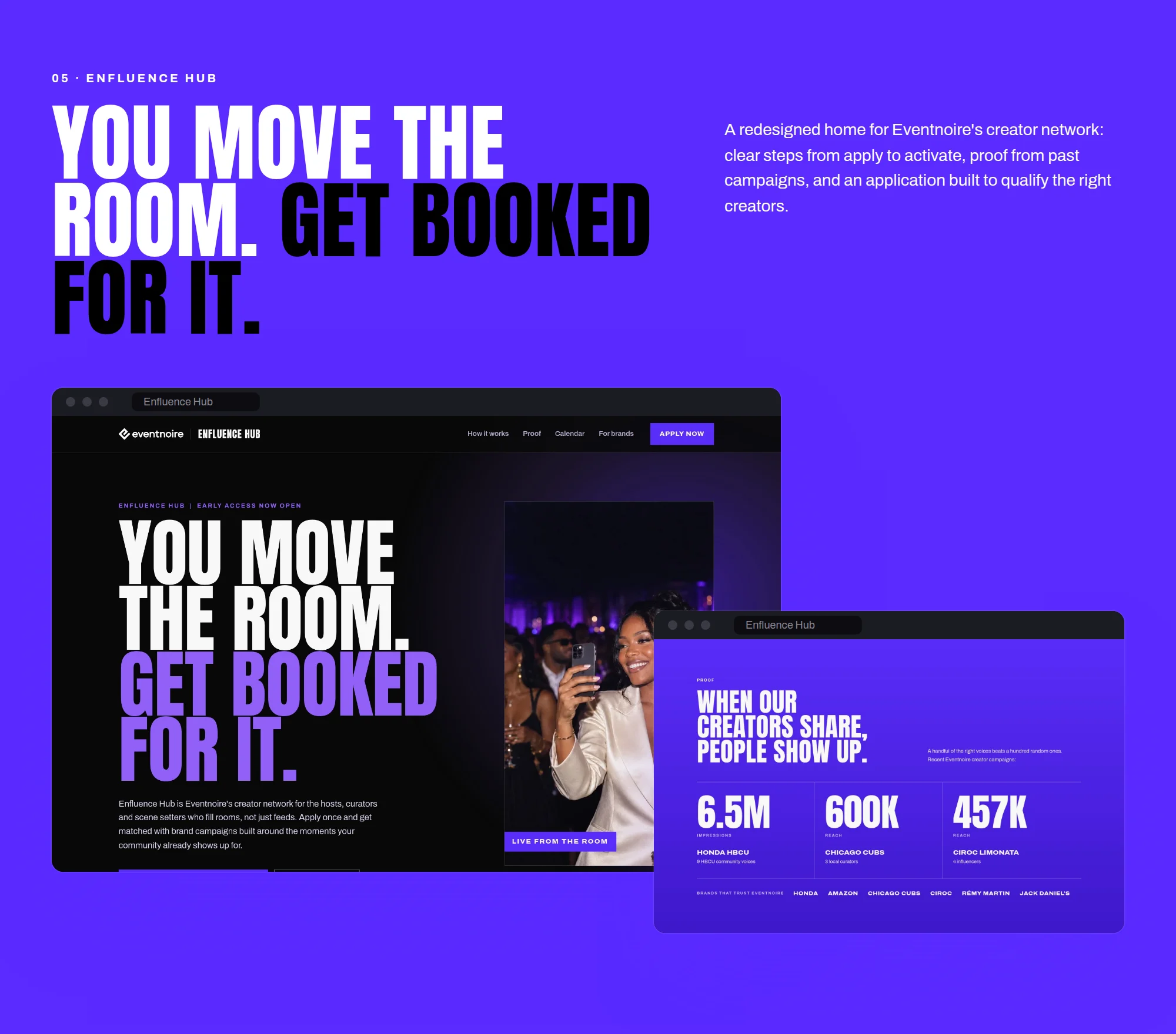 05 · ENFLUENCE HUB YOU MOVE THE ROOM. GET BOOKED FOR IT. A redesigned home for Eventnoire's creator network: clear steps from apply to activate, proof from past campaigns, and an application built to qualify the right creators. Enfluence Hub Enfluence Hub