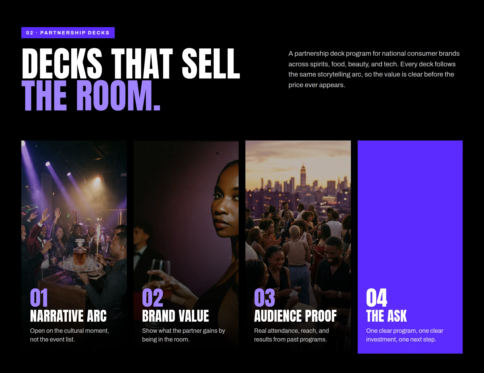 02 · PARTNERSHIP DECKS DECKS THAT SELL THE ROOM. A partnership deck program for national consumer brands across spirits, food, beauty, and tech. Every deck follows the same storytelling arc, so the value is clear before the price ever appears. 01 NARRATIVE ARC Open on the cultural moment, not the event list. 02 BRAND VALUE Show what the partner gains by being in the room. 03 AUDIENCE PROOF Real attendance, reach, and results from past programs. 04 THE ASK One clear program, one clear investment, one next step.