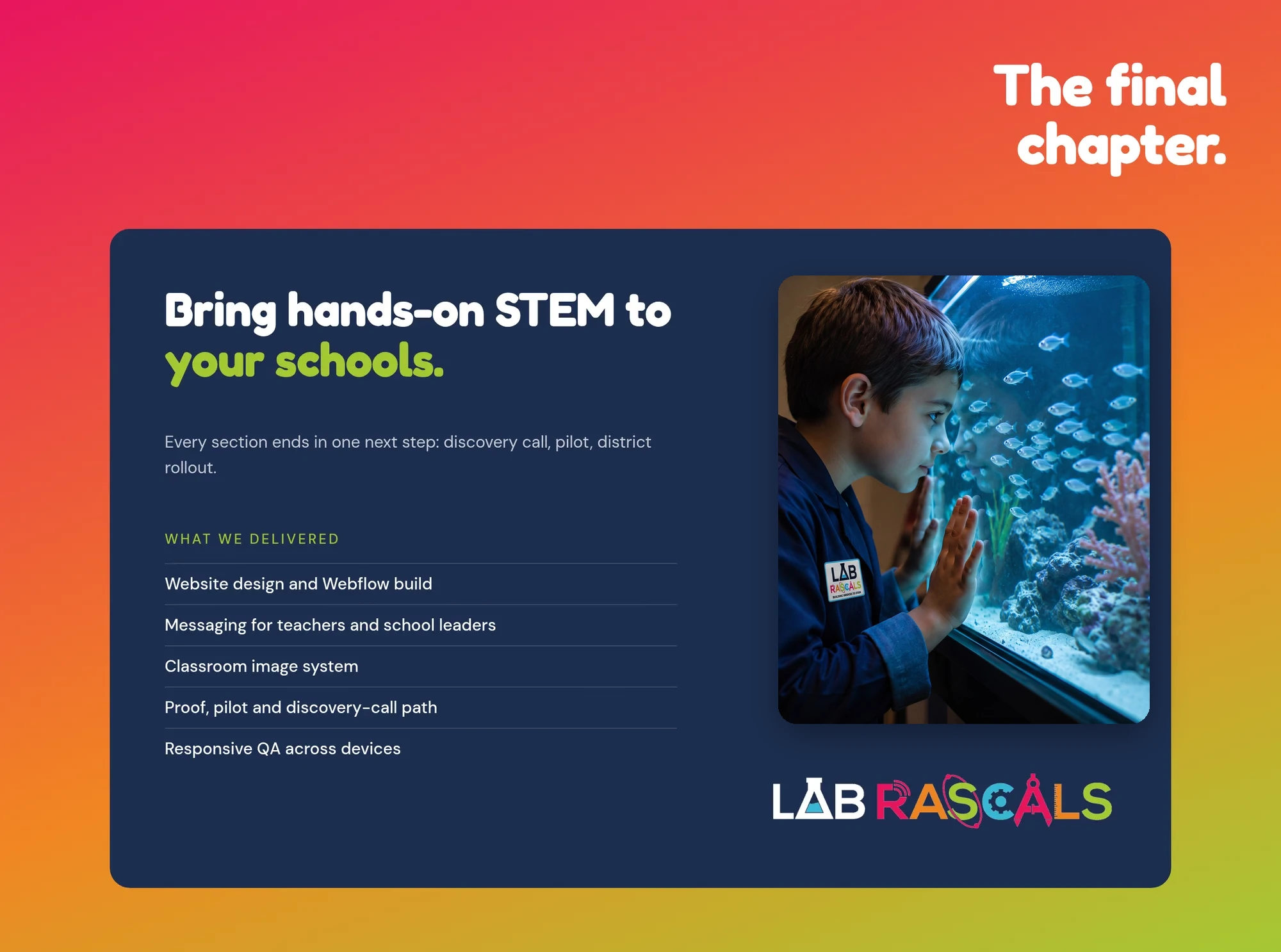 The final chapter. Bring hands-on STEM to your schools. Every section ends in one next step: discovery call, pilot, district rollout. What we delivered