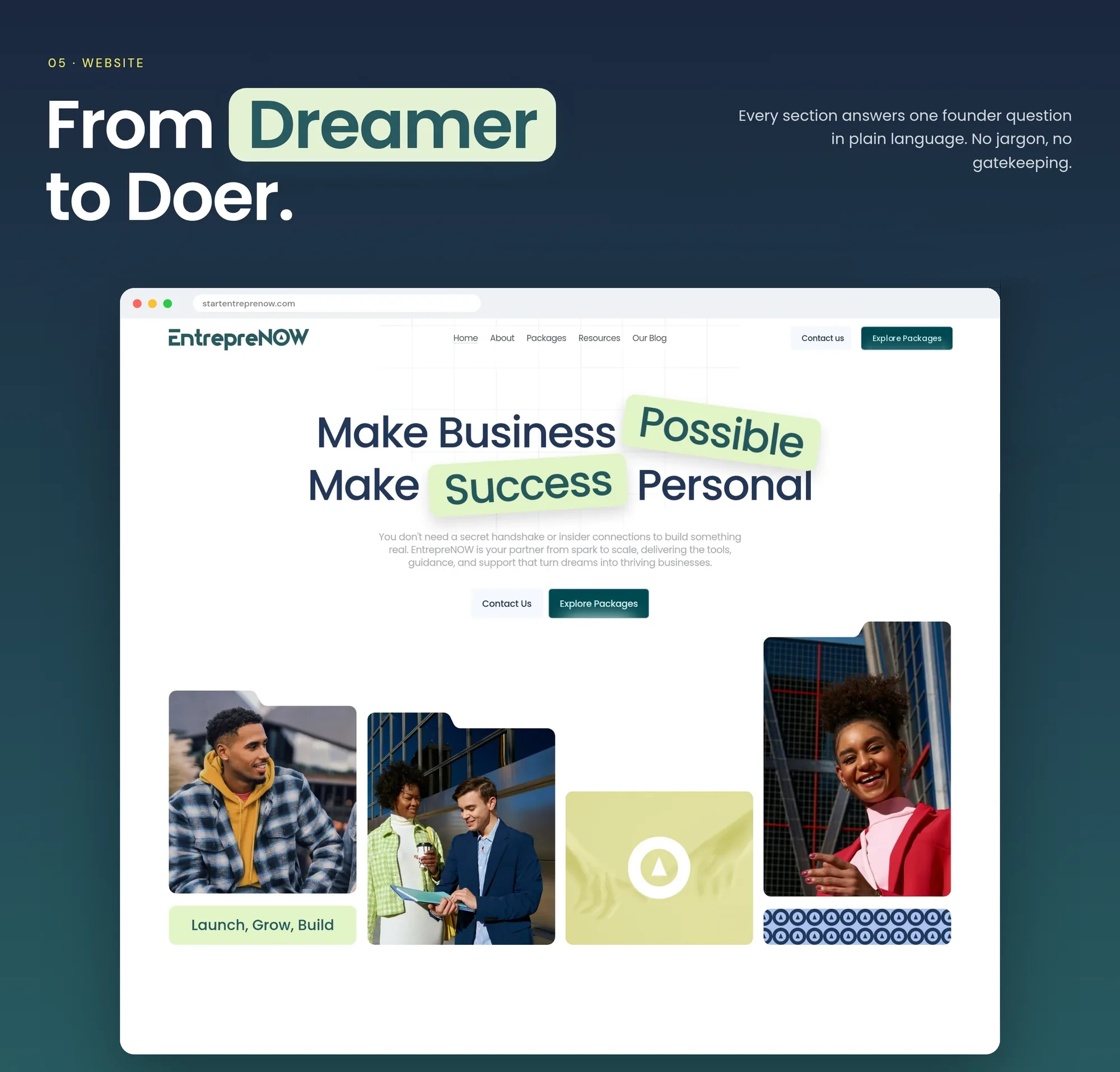 05 · Website From Dreamer to Doer. Every section answers one founder question in plain language. No jargon, no gatekeeping. startentreprenow.com