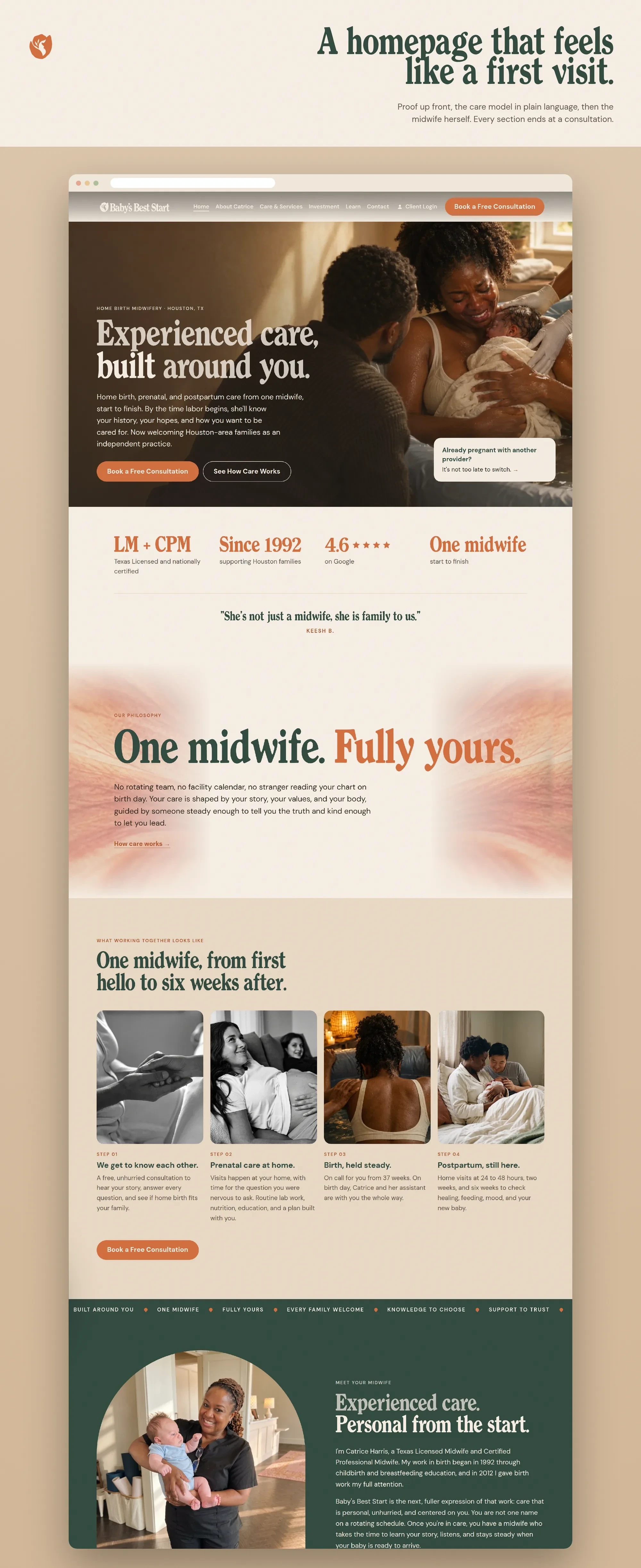 A homepage that feels like a first visit. Proof up front, the care model in plain language, then the midwife herself. Every section ends at a consultation.