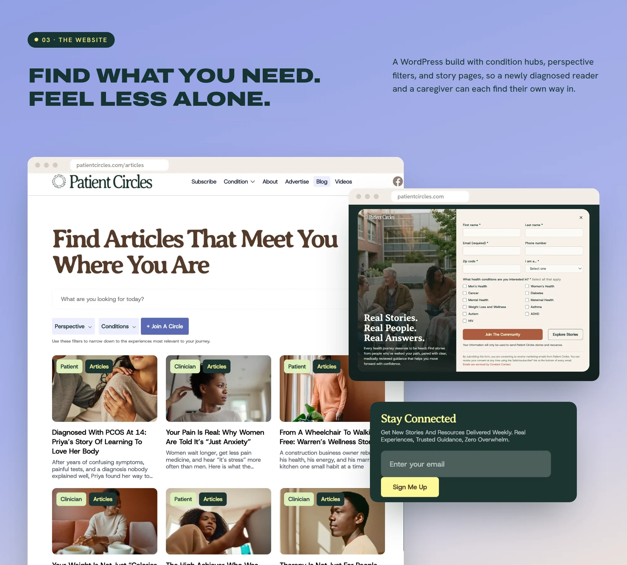 03 · THE WEBSITE Find what you need. Feel less alone. A WordPress build with condition hubs, perspective filters, and story pages, so a newly diagnosed reader and a caregiver can each find their own way in. patientcircles.com/articles patientcircles.com