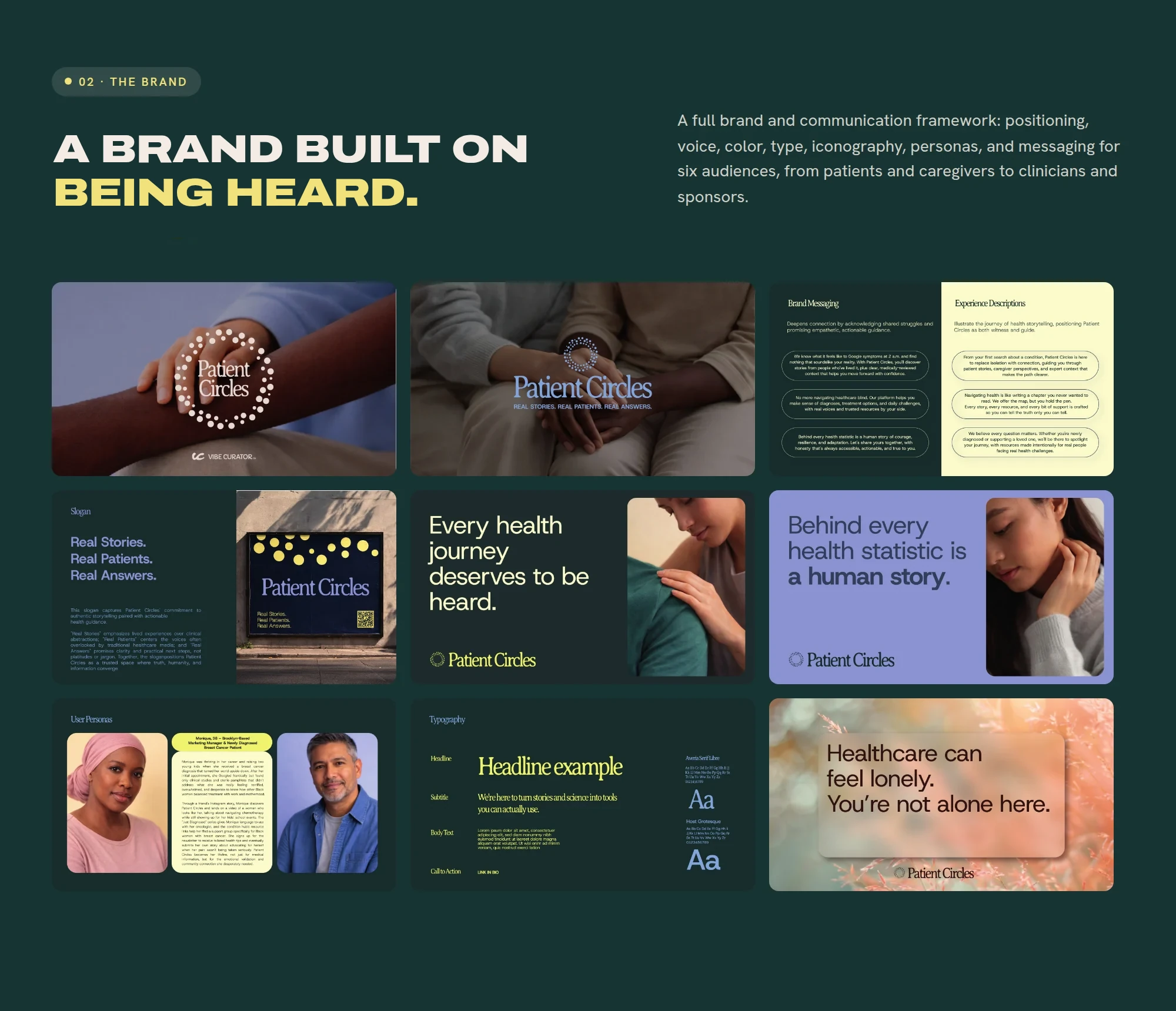 02 · THE BRAND A brand built on being heard. A full brand and communication framework: positioning, voice, color, type, iconography, personas, and messaging for six audiences, from patients and caregivers to clinicians and sponsors.