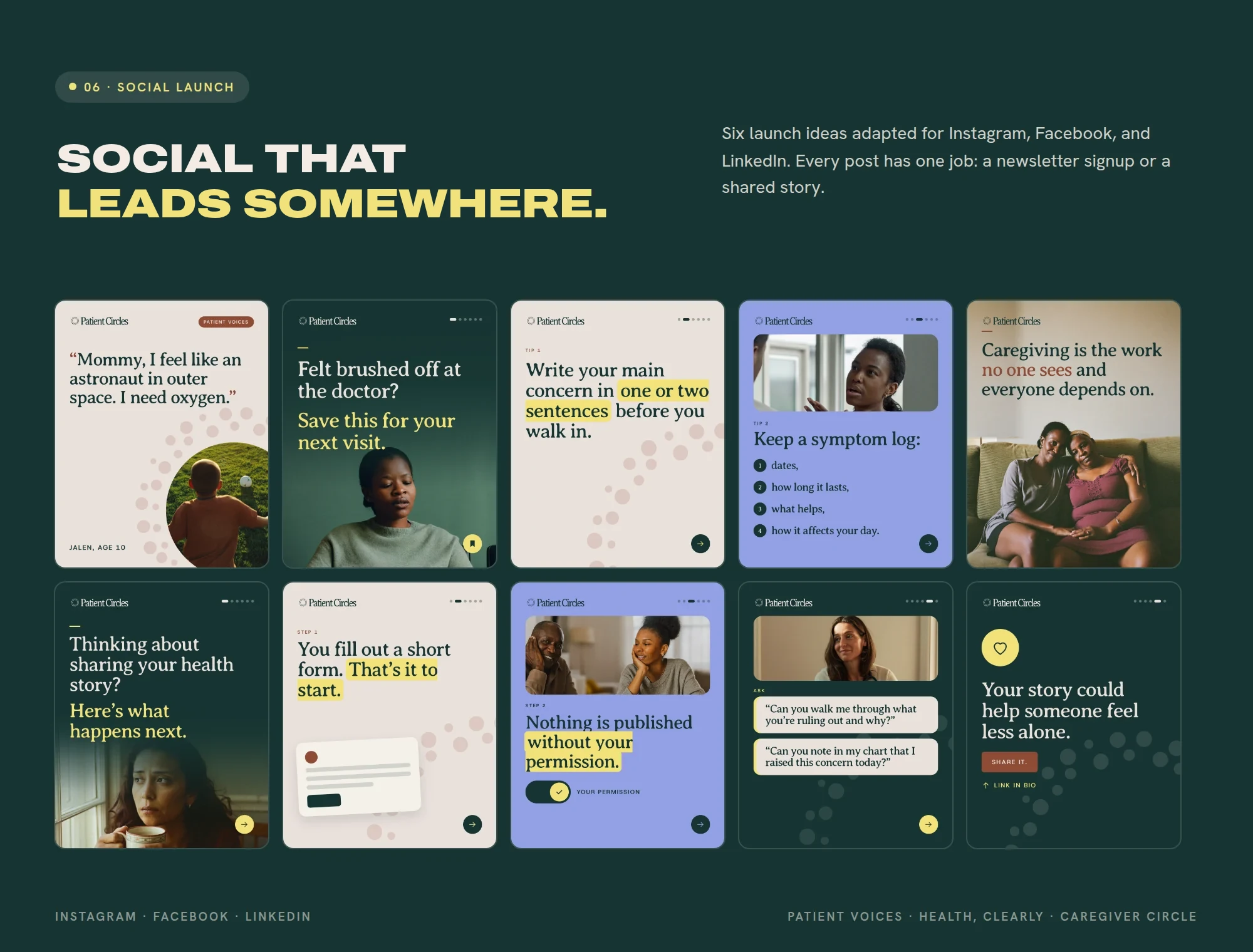 06 · SOCIAL LAUNCH Social that leads somewhere. Six launch ideas adapted for Instagram, Facebook, and LinkedIn. Every post has one job: a newsletter signup or a shared story. INSTAGRAM · FACEBOOK · LINKEDIN PATIENT VOICES · HEALTH, CLEARLY · CAREGIVER CIRCLE