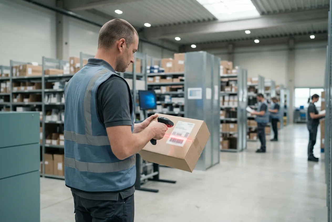 Mann mit Scanner scannt Barcode auf Karton in einem Lagerhaus mit Regalen und weiteren Arbeitern im Hintergrund.
