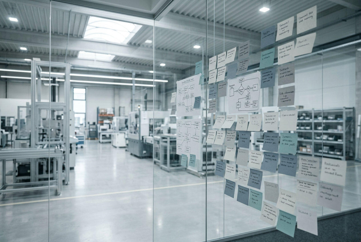 Glaswand im Labor mit vielen Post-its und Diagrammen, moderne technische Ausrüstung im Hintergrund.