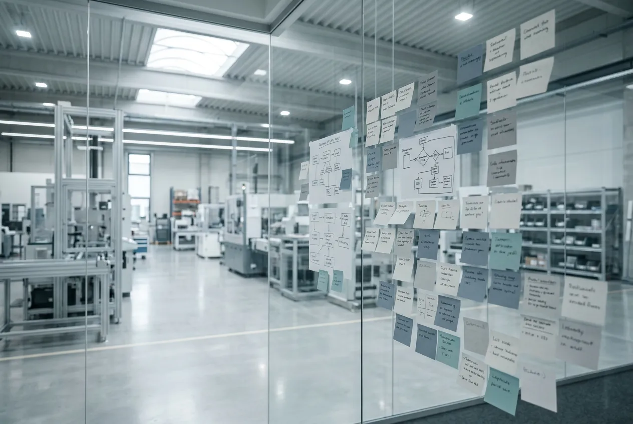 Glaswand im Labor mit vielen Post-its und Diagrammen, moderne technische Ausrüstung im Hintergrund.