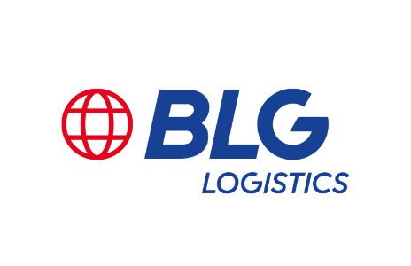 BLG Logistics Logo mit rotem Globus-Symbol und blauem Schriftzug.