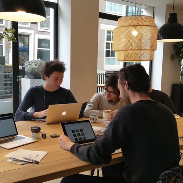 Quatre jeunes adultes travaillant ensemble avec des ordinateurs portables autour d'une grande table en bois dans un espace lumineux avec des lampes suspendues et une grande fenêtre.