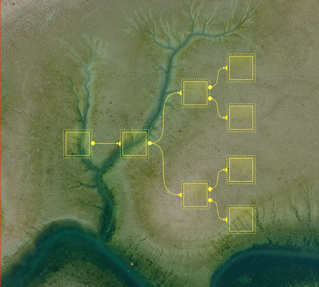 Vue aérienne d'un sol craquelé avec un flux d'eau formant un motif de réseau, superposé par un schéma de diagramme en réseau jaune avec des carrés et des connexions.