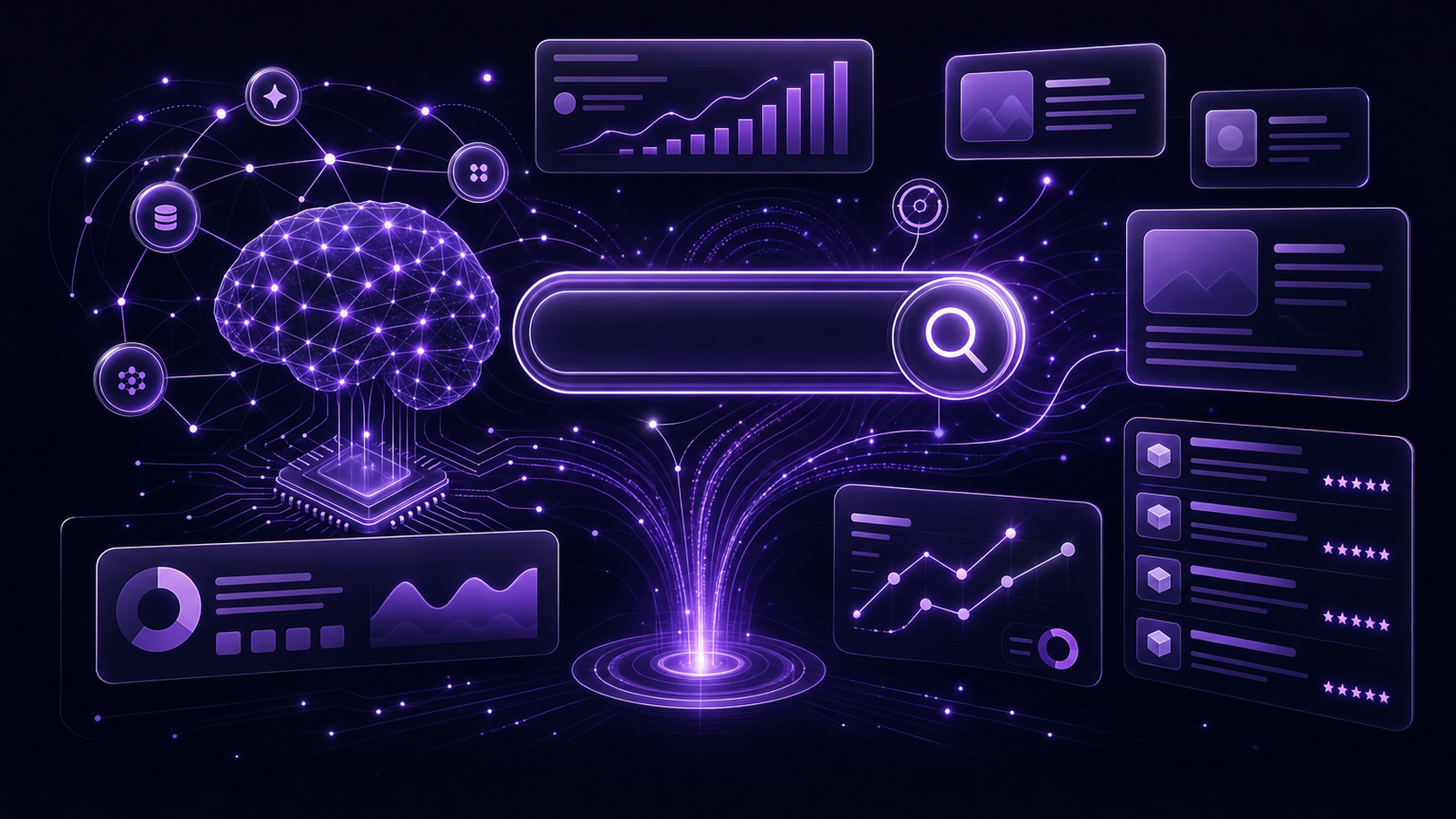 Premium dark purple futuristic AI search and optimization scene with floating UI cards, neural network nodes, and glowing data trails representing generative engine optimization
