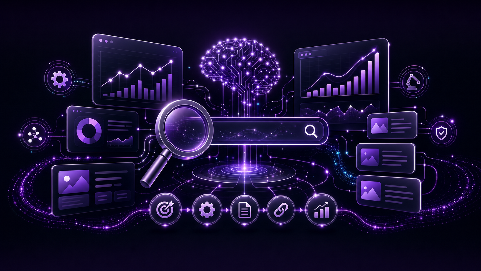 What a 2500 dollar monthly SEO retainer should actually include, illustrated with a futuristic AI search and analytics scene