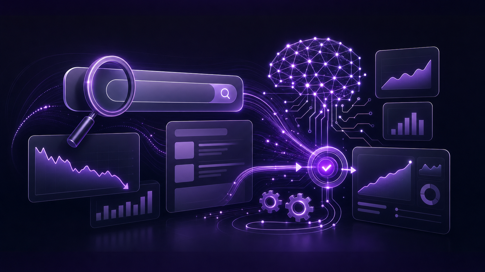 Abstract dark purple AI search interface illustrating traffic dropped after AI Overviews