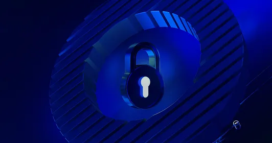 Blue digital lock icon with keyhole on a circular, striped, blue background symbolizing security.