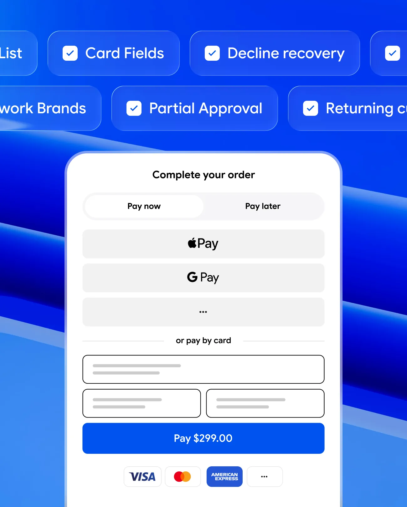 Online checkout form showing pay now or later options with Apple Pay, Google Pay, card fields, and $299 button.