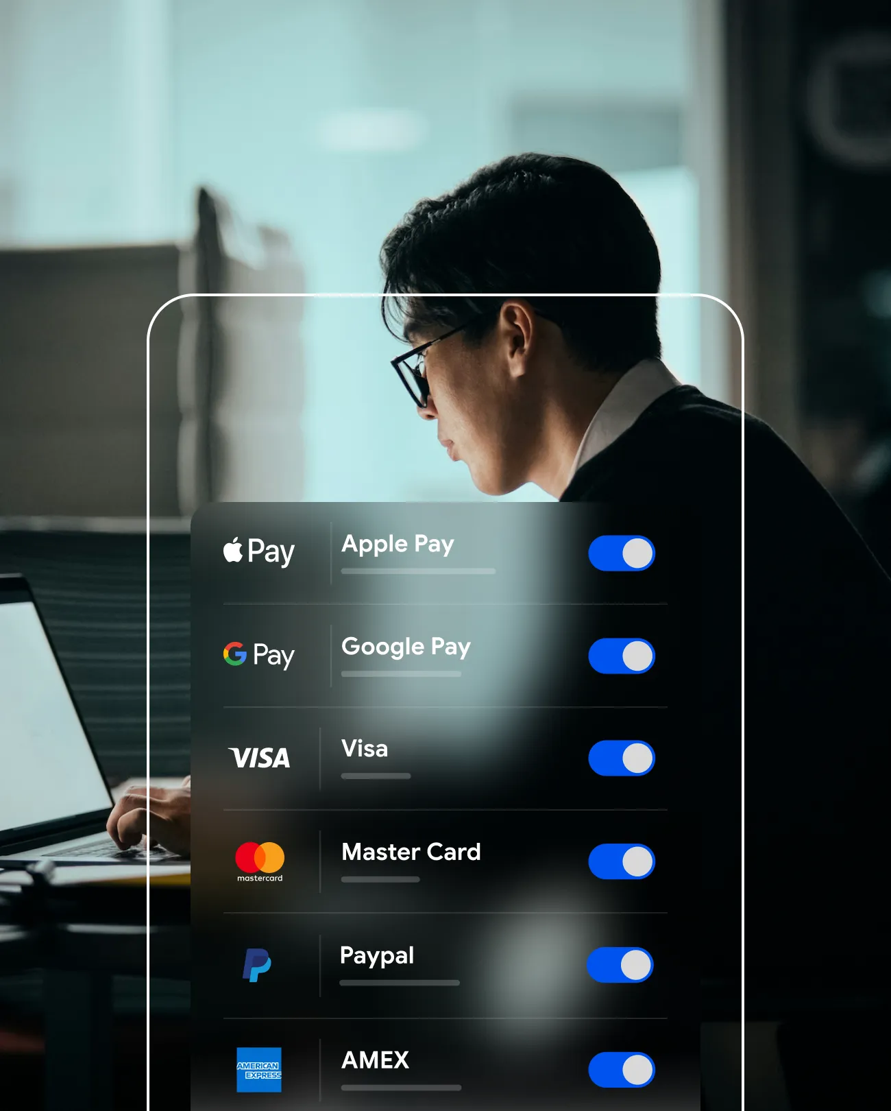 Person using laptop with payment options on screen: Apple Pay, Google Pay, Visa, MasterCard, Paypal, AMEX.