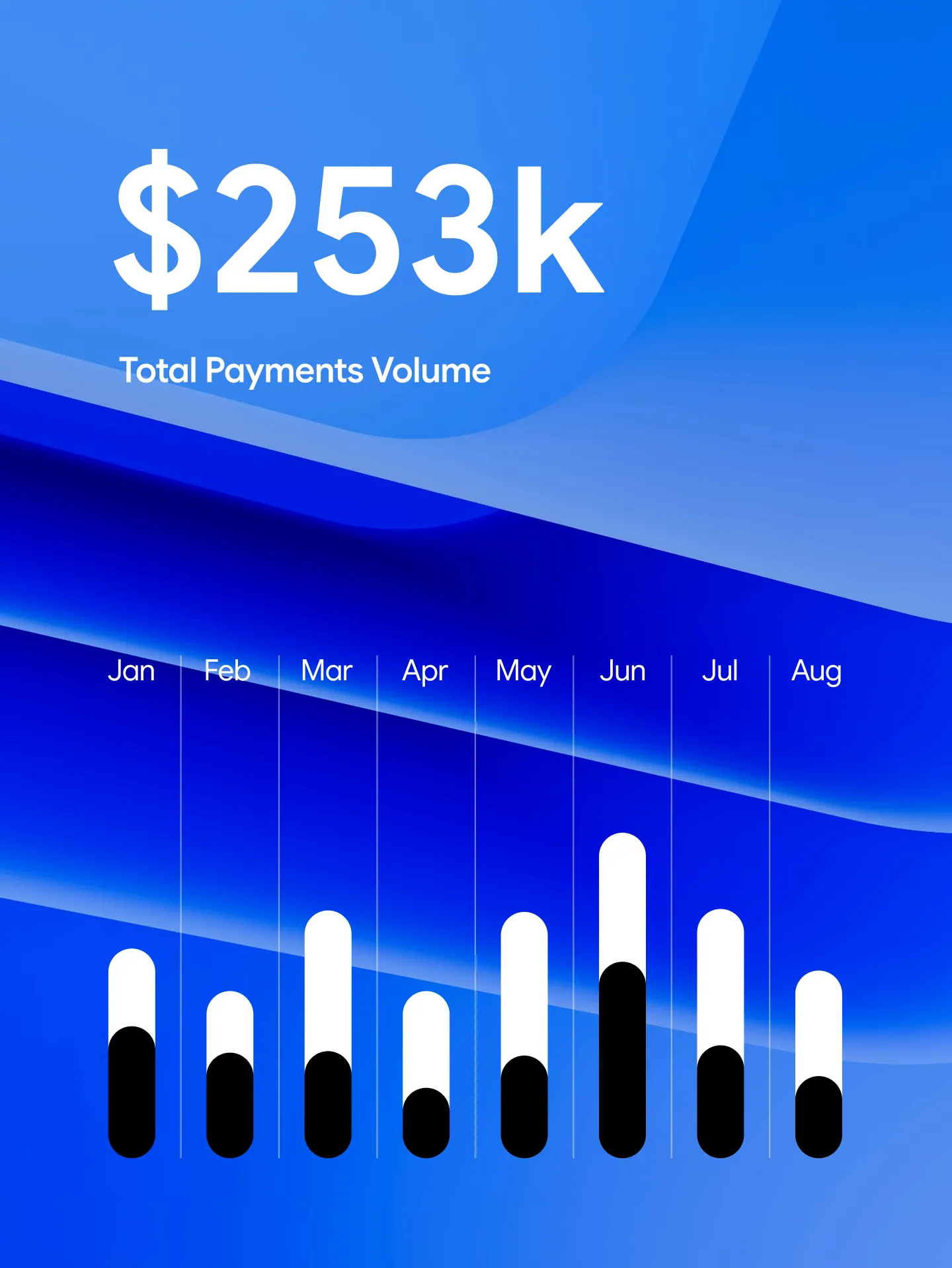 Monthly payment volume chart from January to August with a total of $253k shown.