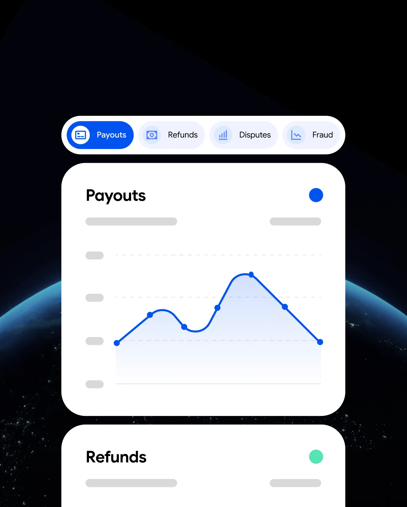 Dashboard showing payout line graph with fluctuating values and menu tabs for payouts, refunds, disputes, and fraud.