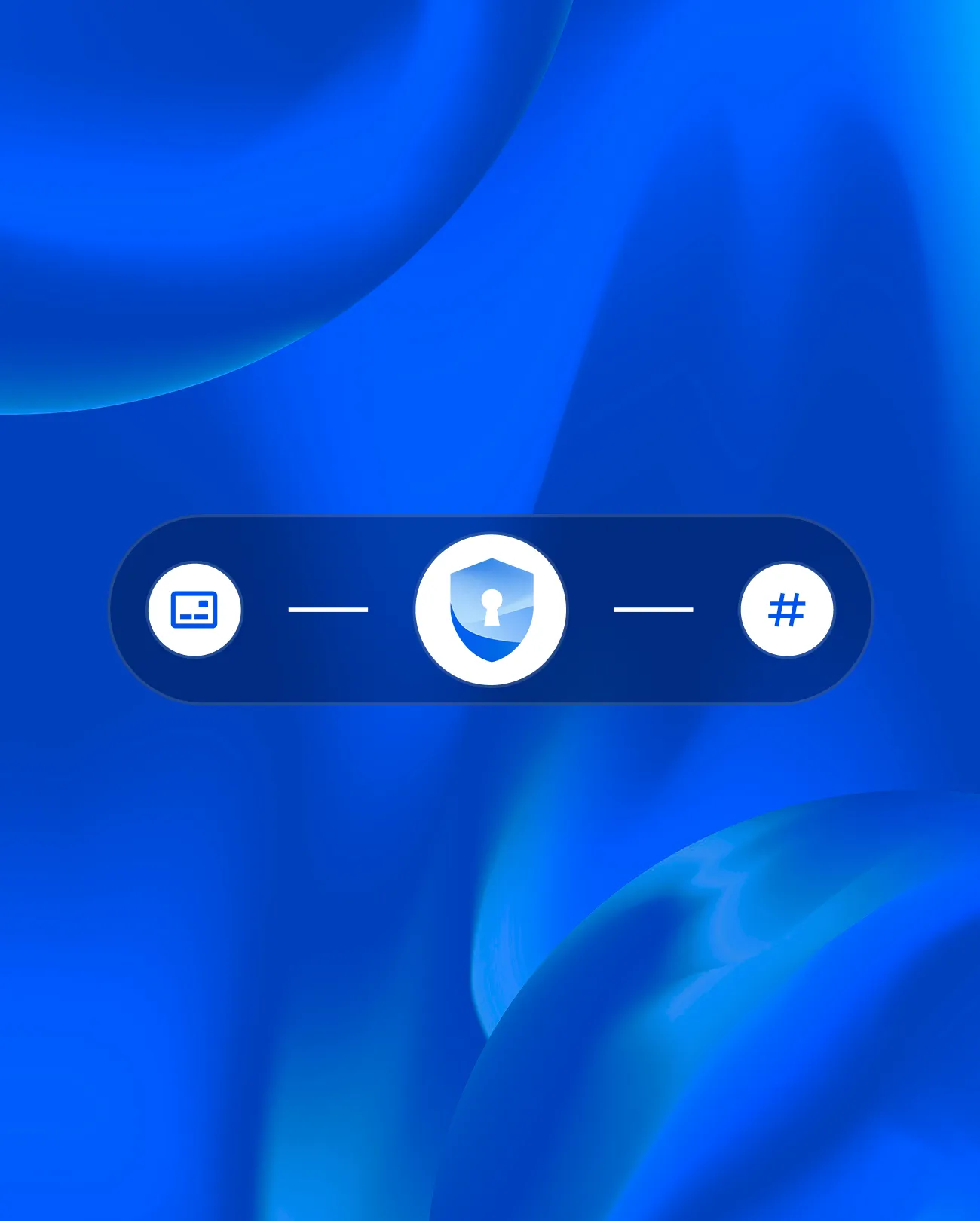 Blue shield icon with keyhole between a card and hashtag icon on a blue abstract background.