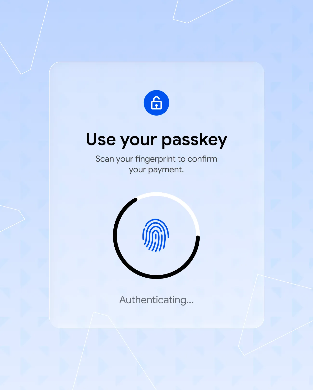 Authentication screen prompting to use passkey by scanning fingerprint to confirm payment.