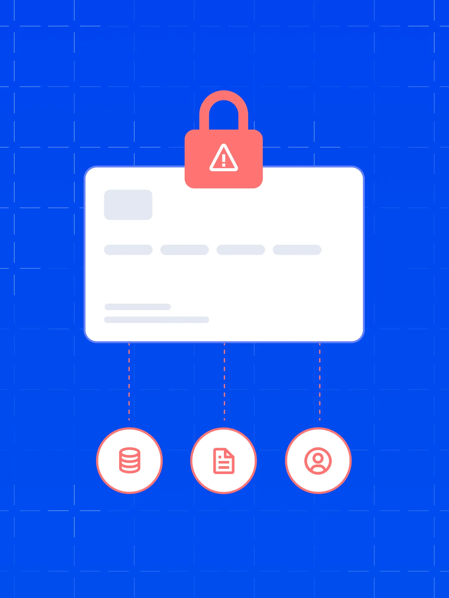 Graphic of a locked credit card with icons for database, document, and user below, symbolizing data security.