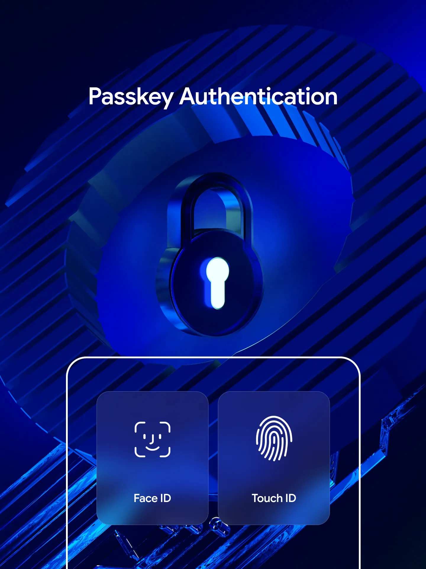 Blue-themed security lock image with Passkey Authentication and Face ID and Touch ID icons.