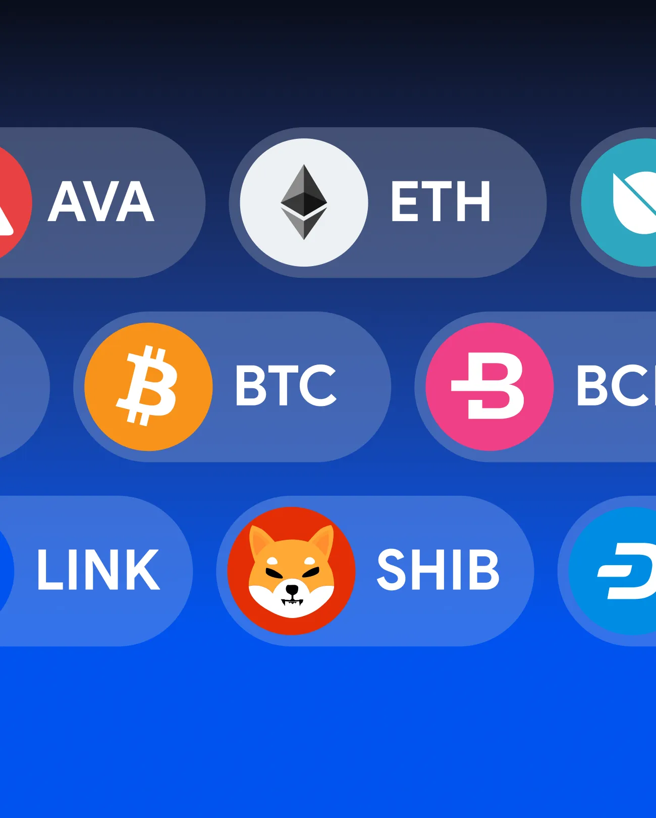 Buttons with various cryptocurrency logos and their abbreviations on a blue gradient background.