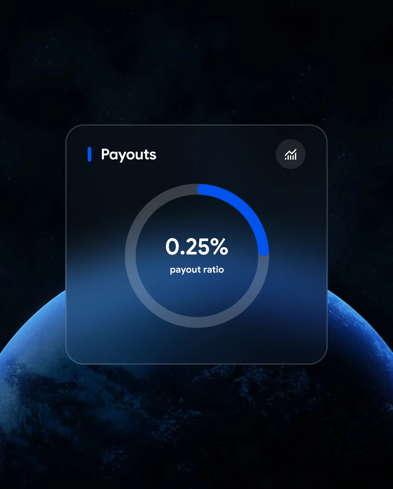 Dashboard showing a payout ratio of 0.25% in a circular progress indicator with dark space background.