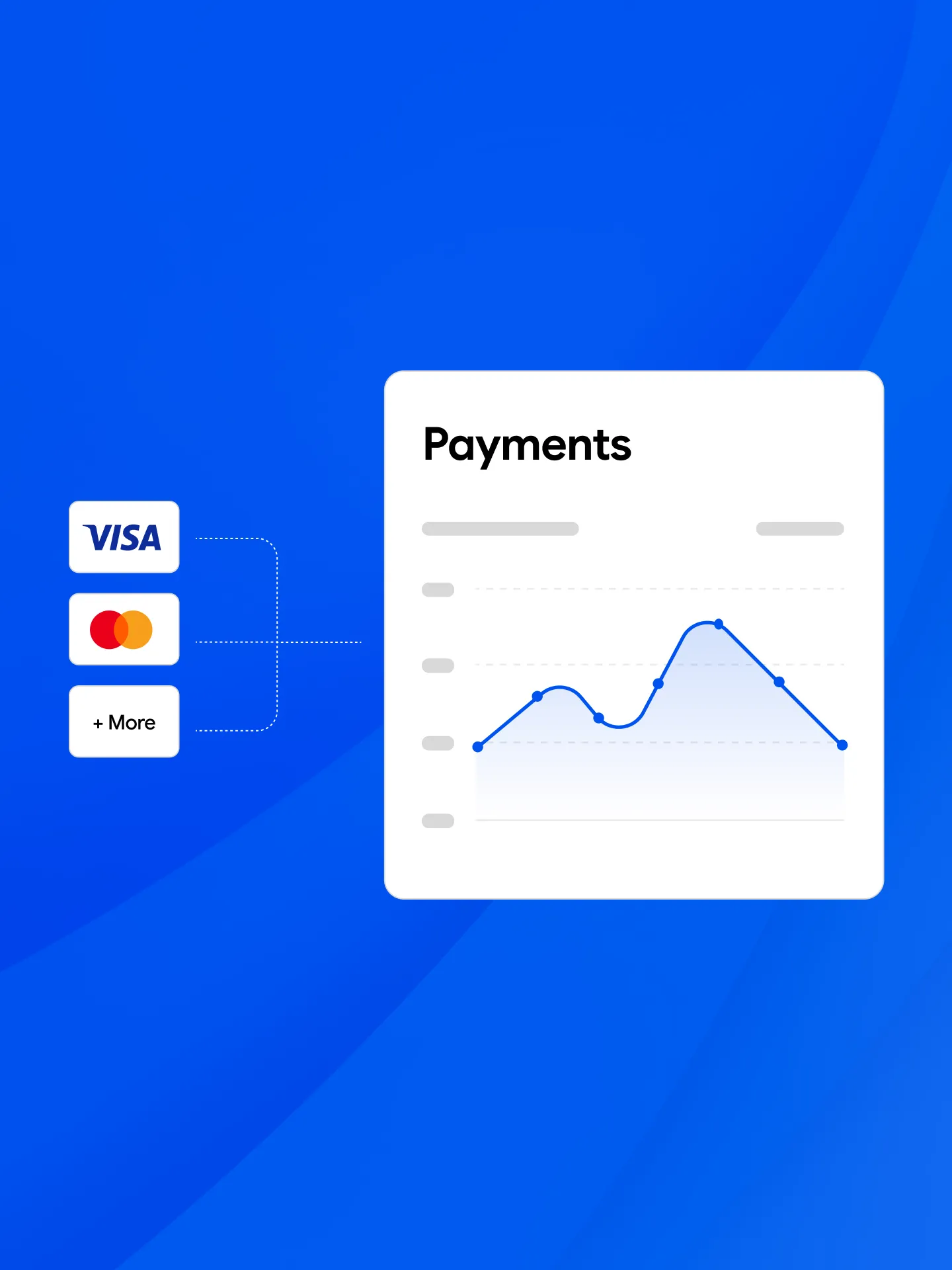 Graph showing payments data with Visa, Mastercard, and more payment options on blue background.