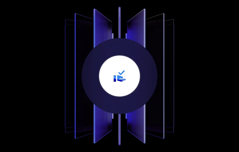 Blue and purple translucent panels arranged in a circular pattern around a white icon of a hand with a checkmark.