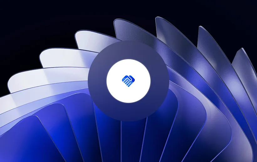 Abstract blue and white curved blades forming a circular shape with a handshake icon in the center.