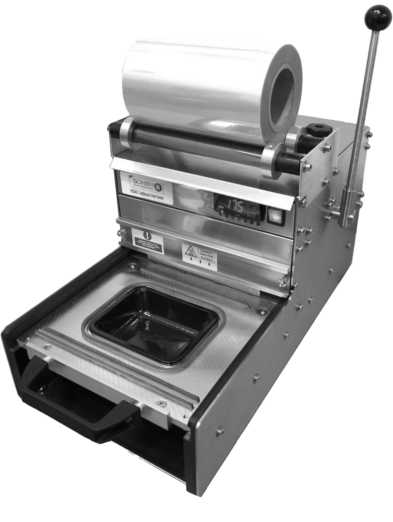 Soken HSJAC cardboard heat sealer machine with roll of sealing film and handle lever.
