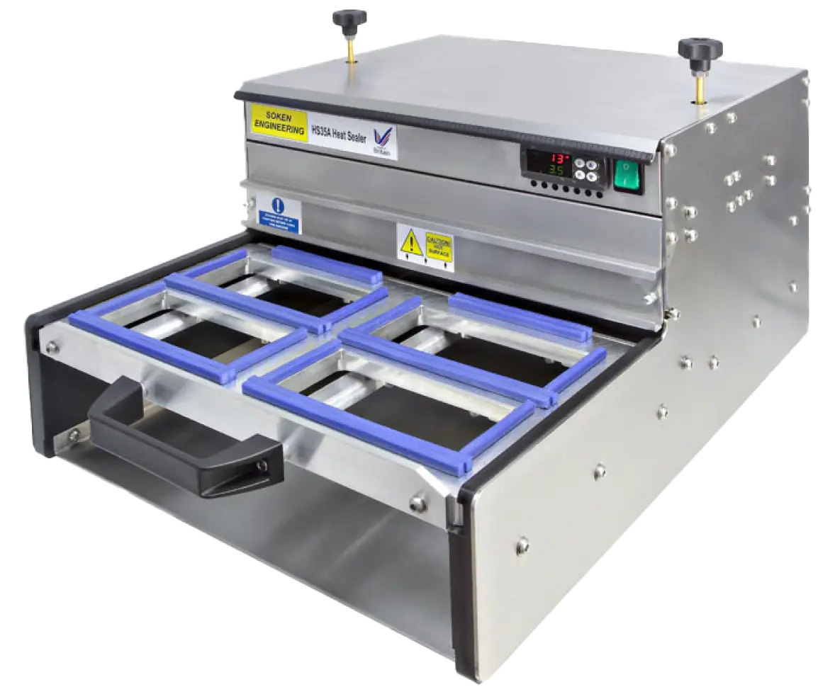 Soken HS15A heat sealer machine with a stainless steel body and digital temperature controls.