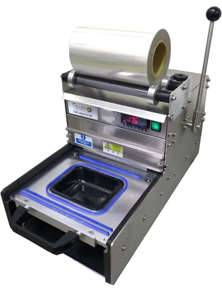 Stainless steel heat sealer machine with lever, digital temperature display, roll of sealing film, and black tray insert.