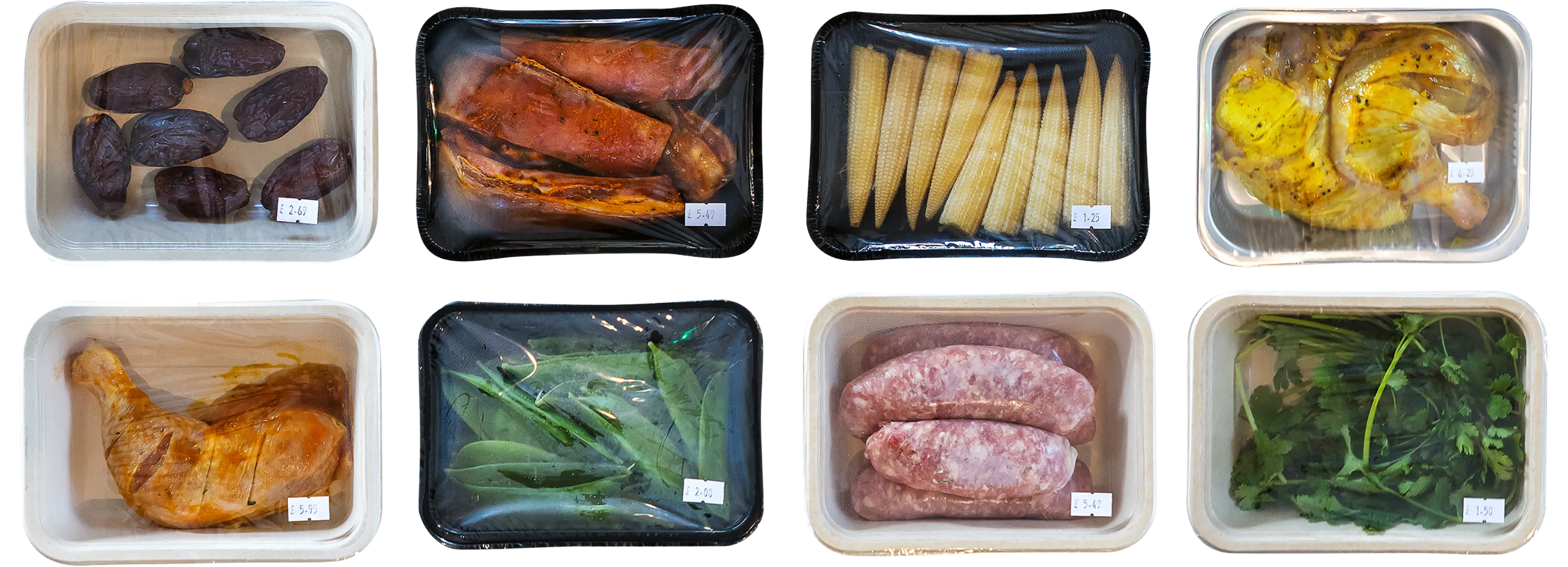 Eight food containers with plastic wrap containing dates, roasted carrots, baby corn, seasoned chicken, another chicken leg, fresh green beans, raw sausages, and fresh cilantro.