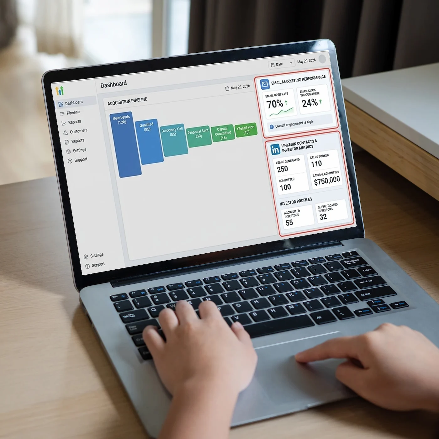 Investor marketing analytics dashboard showing LP pipeline metrics