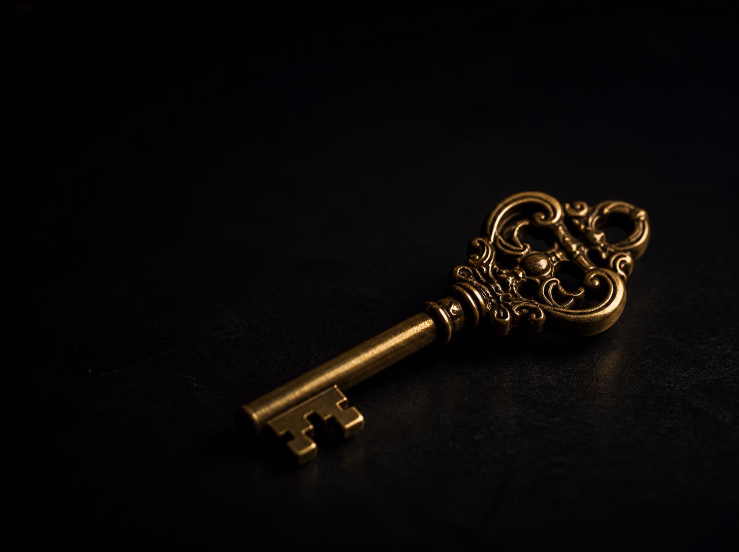 Brass key on a black surface