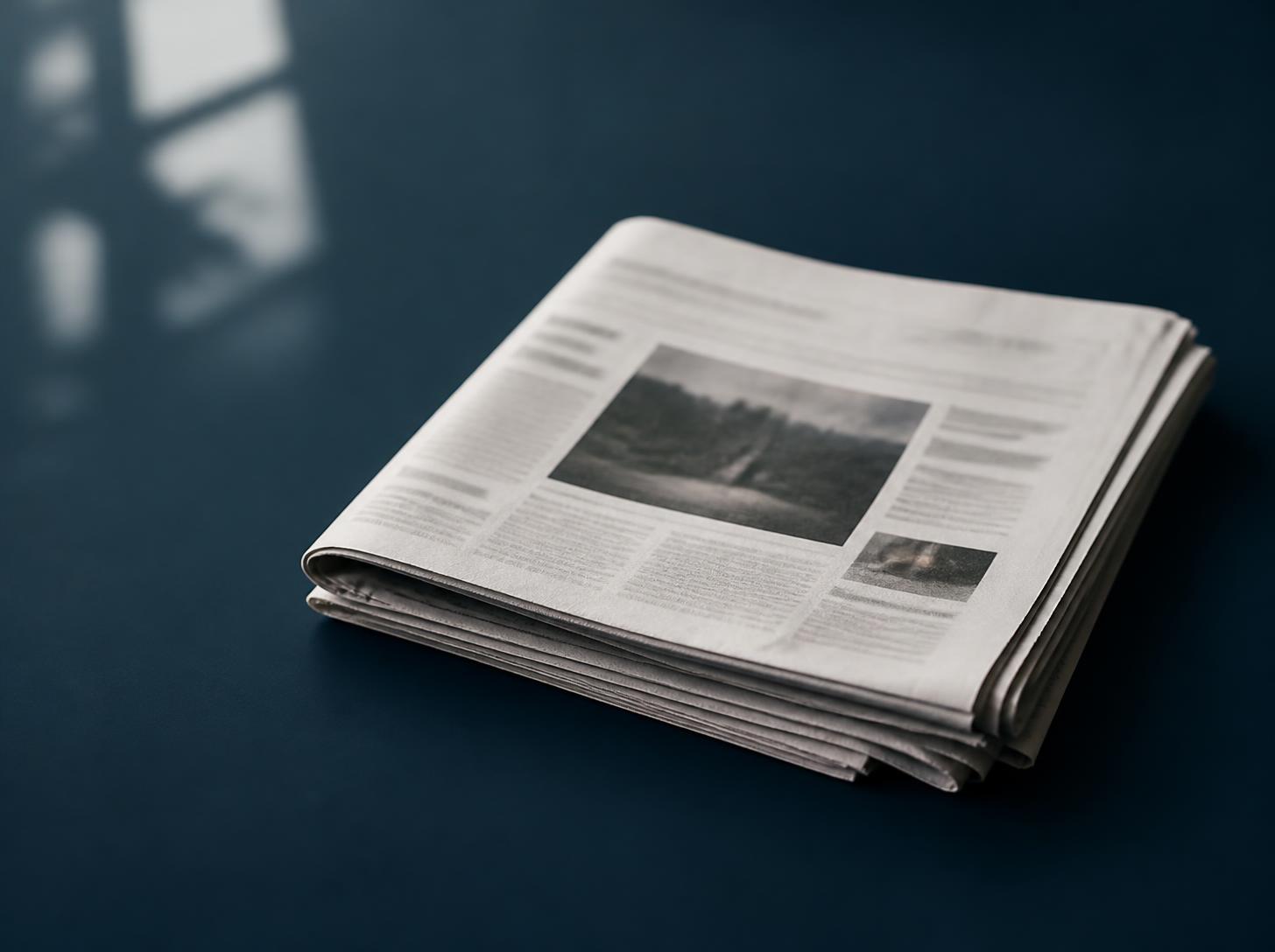 Folded newspaper on a navy surface