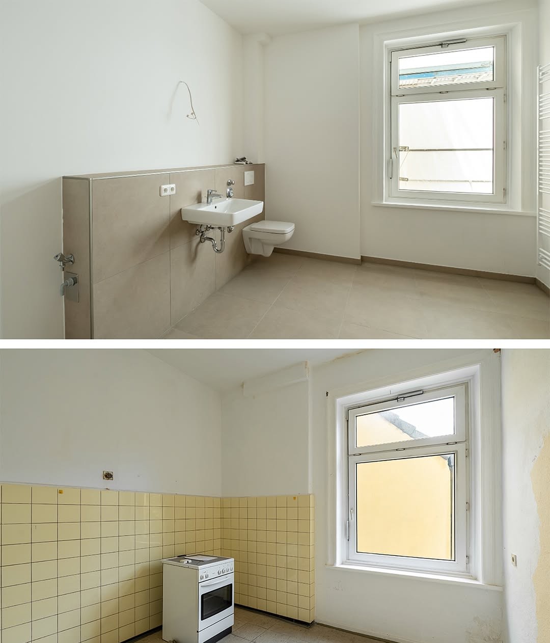 Badezimmer vor der Sanierung mit alten Anschlüssen, Fliesenbereich und vorbereitetem Innenausbau