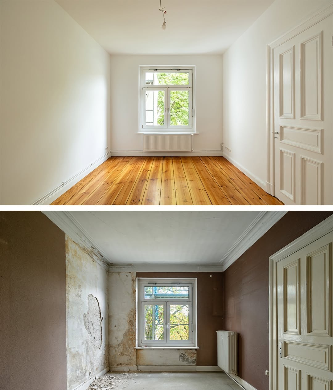 Wohnraum vor und nach der Renovierung mit neuen Wandflächen, Holzboden und frischem Innenausbau