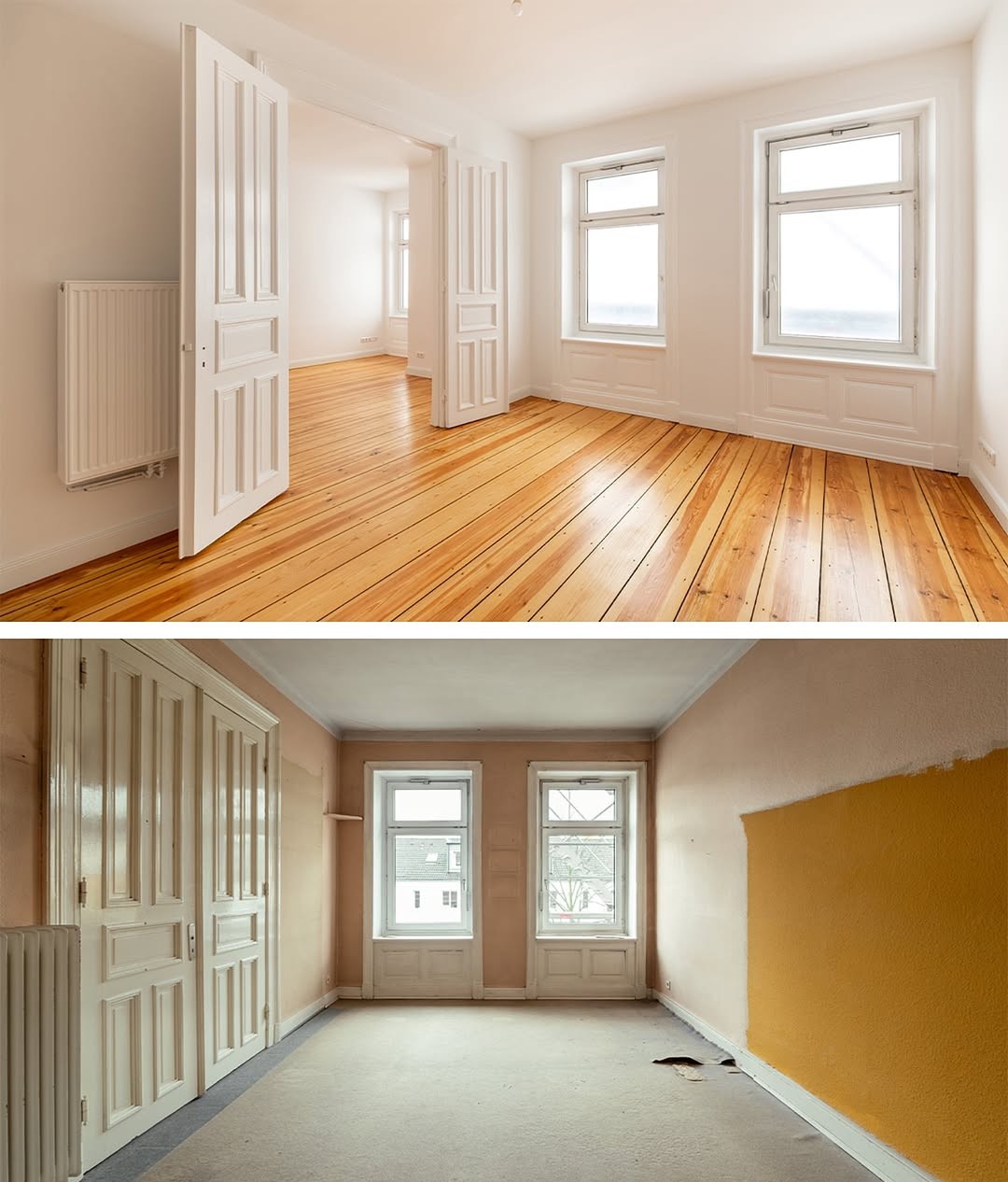 Wohnraum vor und nach der Renovierung mit Holzboden, hellen Wänden und sauberem Innenausbau