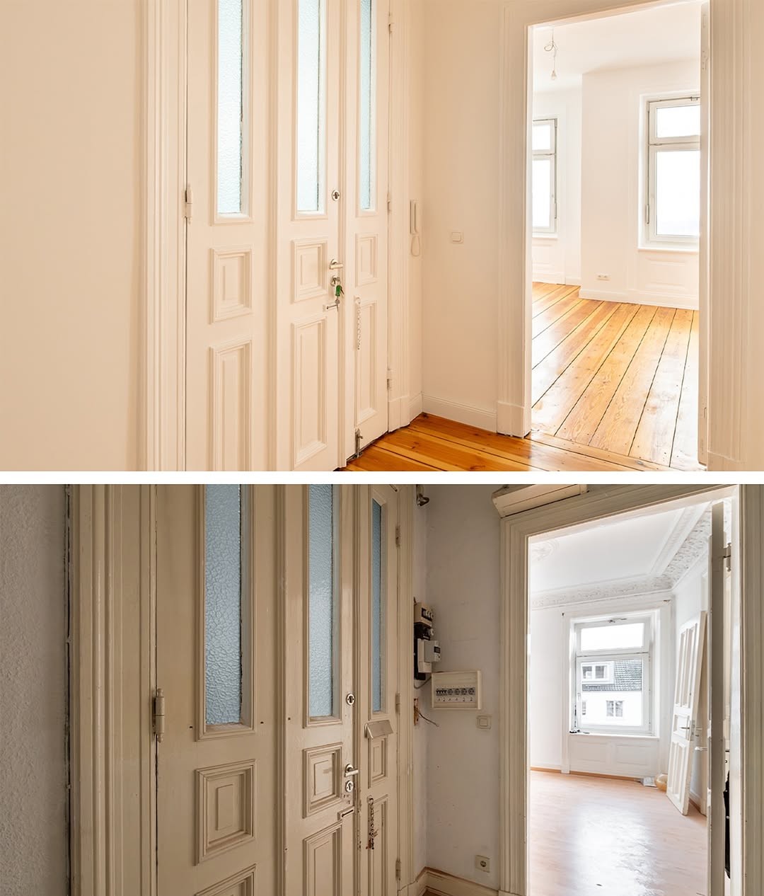 Türbereich und Badezimmer während der Renovierung mit neuen Wandflächen und Innenausbau