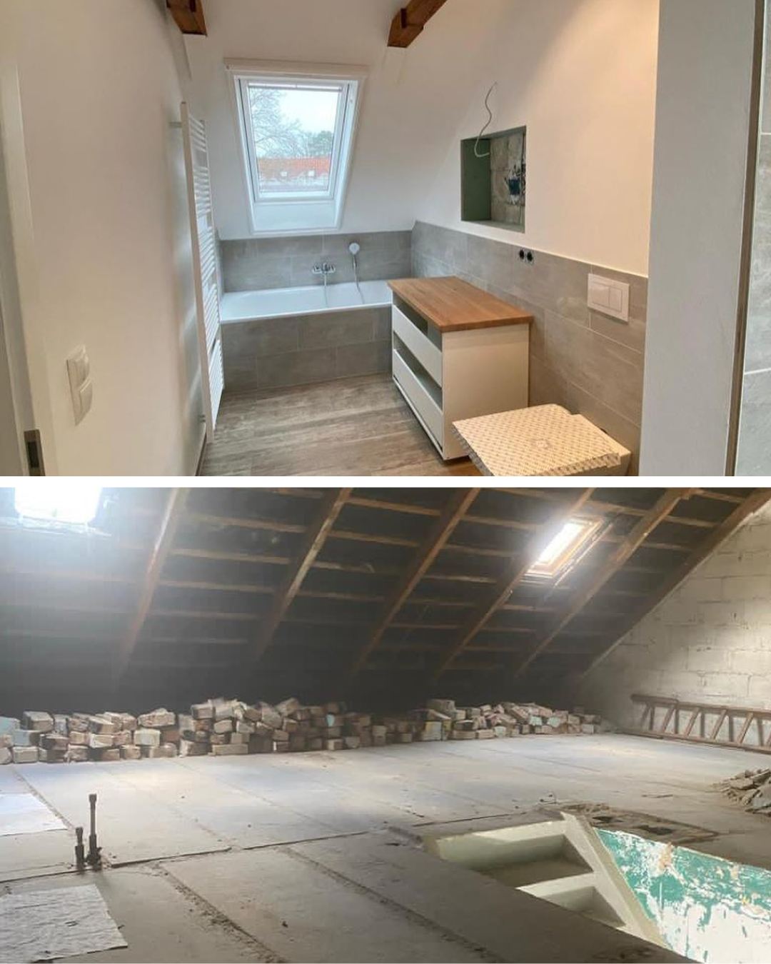 Dachgeschoss vorher als ungenutzter Dachboden und nachher als ausgebauter Wohnraum mit Dachfenster