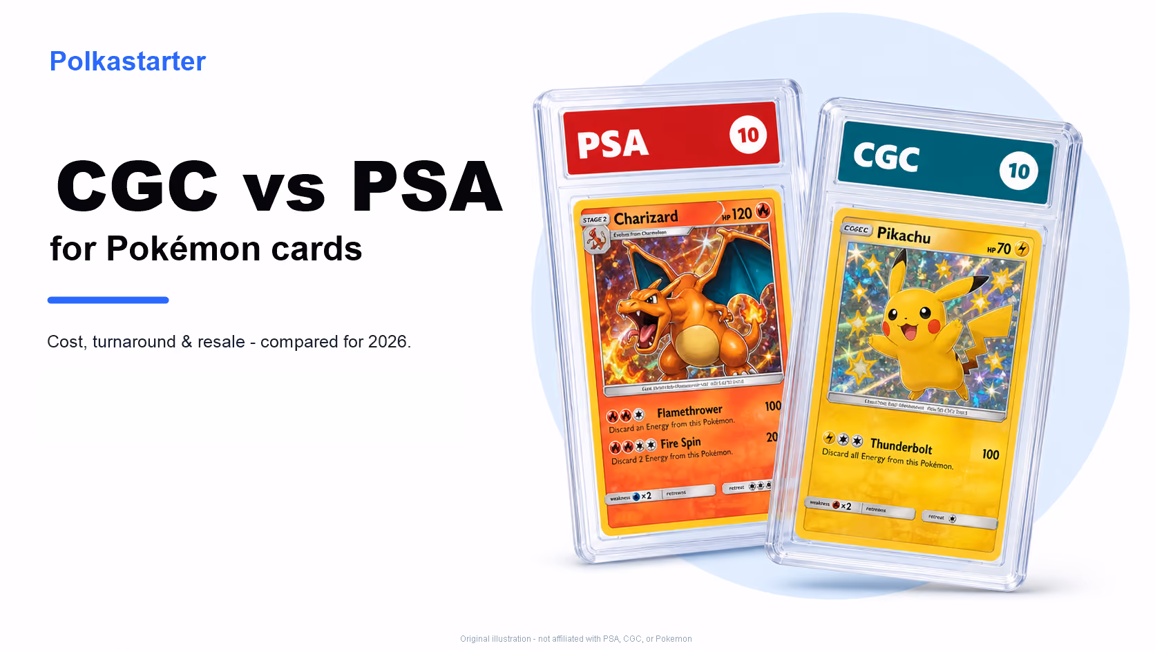 CGC vs PSA comparison for Pokémon cards 2026: two stylized graded-card slabs (PSA red label, CGC teal label) beside the headline