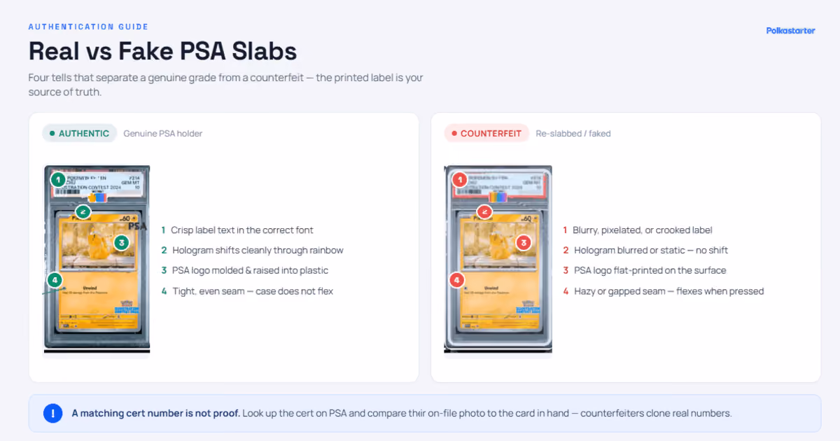 `Real versus fake Pokémon card backs side by side with the blue swirl and border differences labeled