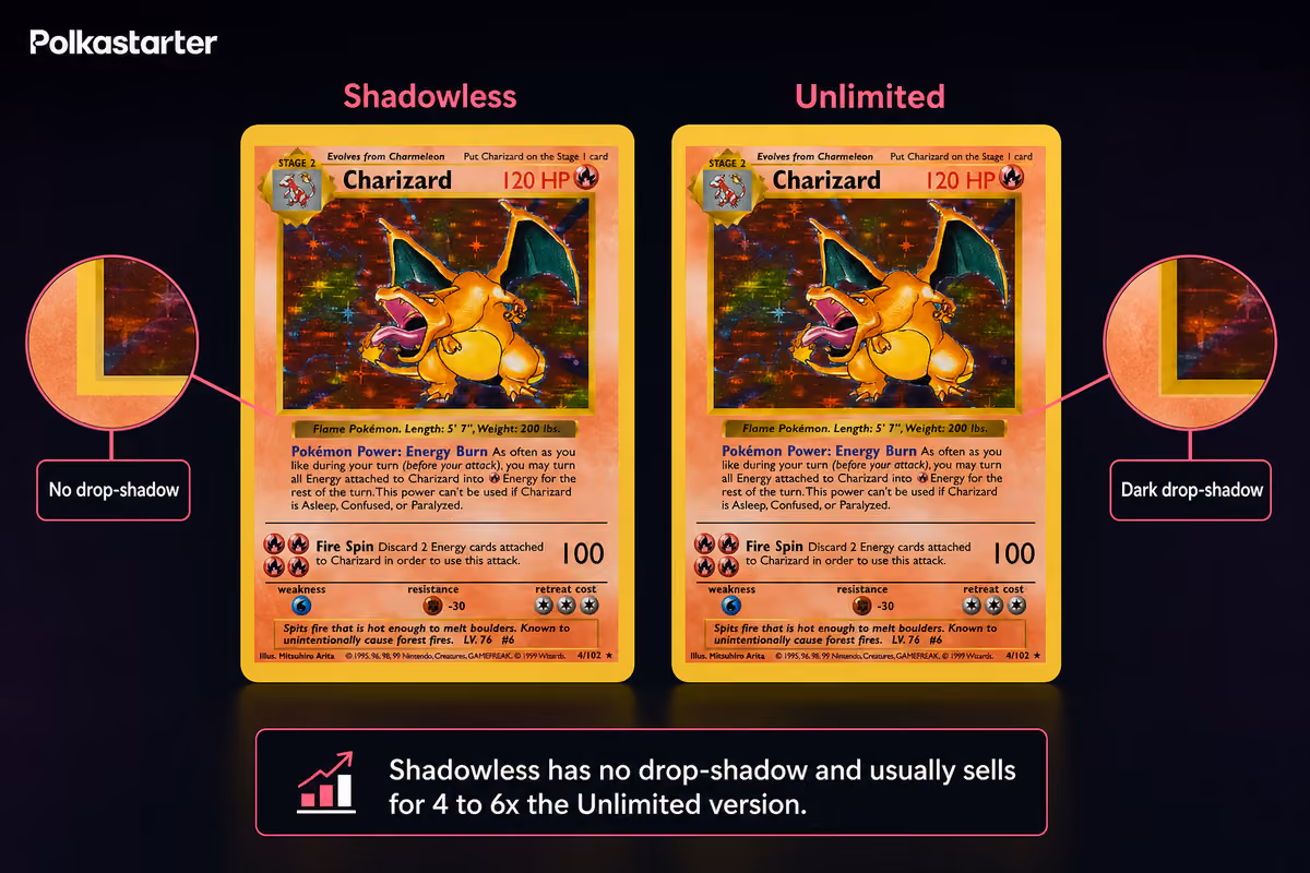 "How to Tell If Your Card Is Valuable" | `Shadowless versus Unlimited Base Set card side by side showing the drop-shadow difference