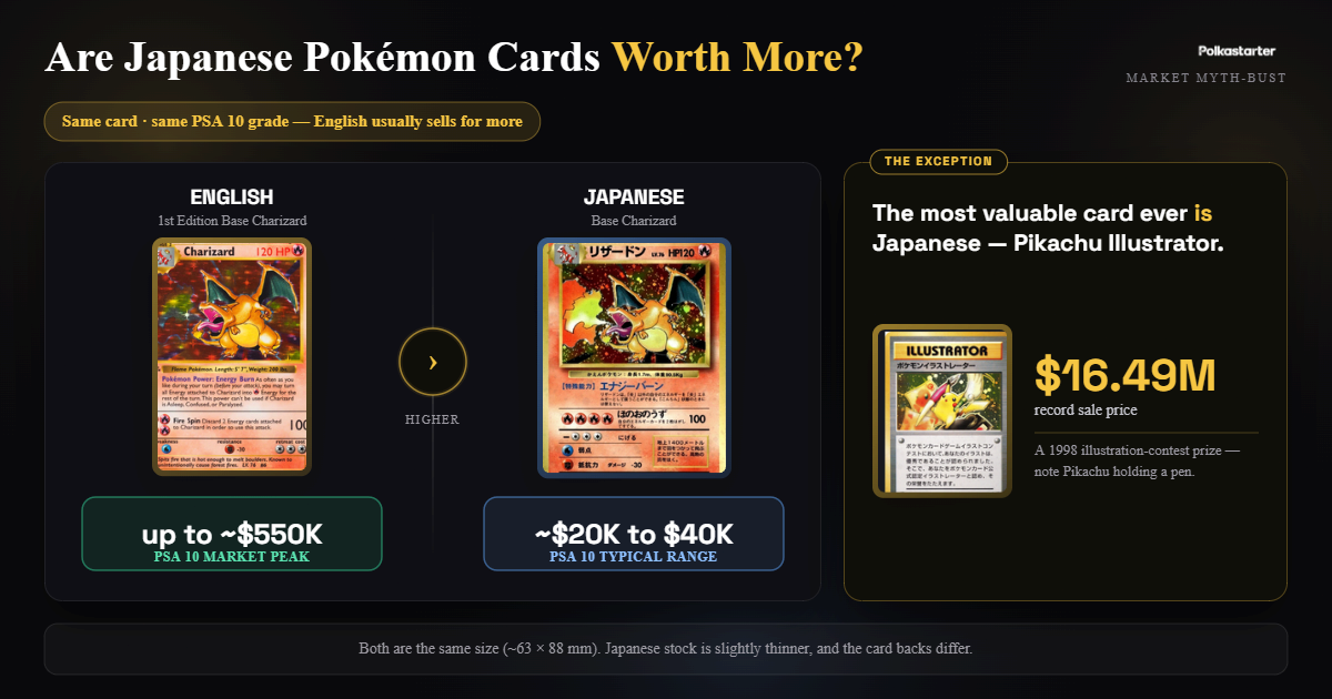 An English Pokémon card beside its Japanese version showing the English one usually sells for more