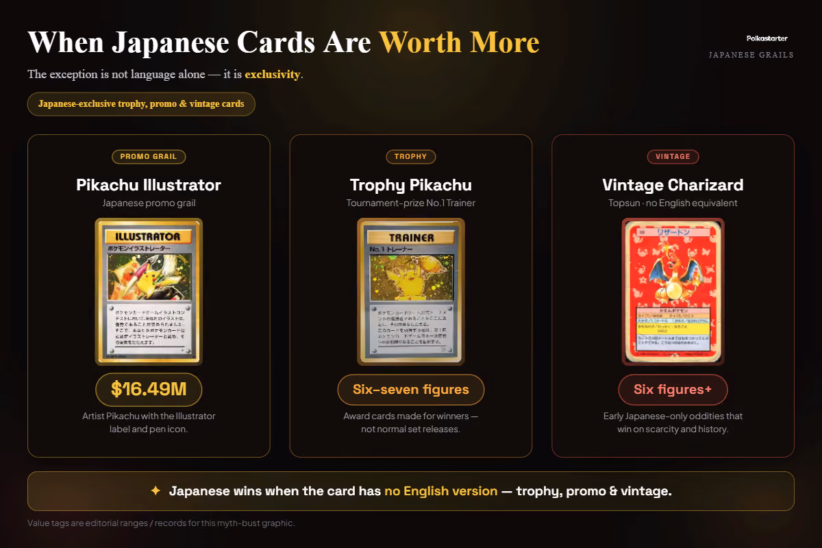 "When a Japanese Card IS Worth More" | `Japanese-exclusive grails: the Pikachu Illustrator and a trophy Pikachu, the most valuable Pokémon cards